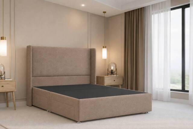 "Nexus Mattresses Ltd Portofino Plush Divan Bed Base No Drawers - 54"" Winged Headboard in Bronze - Size: Single" - image 1