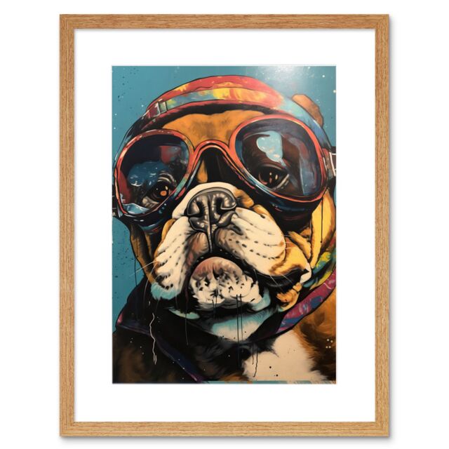 "Artery8 Wall Art Print Bulldog with Retro Motorcycle Goggles & Helmet Artwork Framed 9X7 Inch in Beige - Size: W7"" x H9""" - image 1