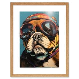 "Artery8 Wall Art Print Bulldog with Retro Motorcycle Goggles & Helmet Artwork Framed 9X7 Inch in Beige - Size: W7"" x H9""" - thumbnail 1