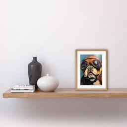 "Artery8 Wall Art Print Bulldog with Retro Motorcycle Goggles & Helmet Artwork Framed 9X7 Inch in Beige - Size: W7"" x H9""" - thumbnail 2