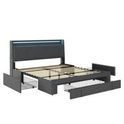 BTM Grey 4ft6 Double Upholstered Bed with Storage Drawers & LED Headboard - thumbnail 4