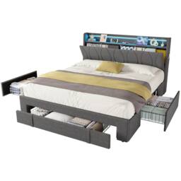 BTM Grey 4ft6 Double Upholstered Bed with Storage Drawers & LED Headboard - thumbnail 2