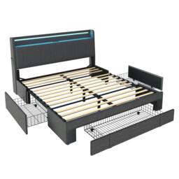 BTM Grey 4ft6 Double Upholstered Bed with Storage Drawers & LED Headboard - thumbnail 6