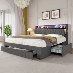 BTM Grey 4ft6 Double Upholstered Bed with Storage Drawers & LED Headboard