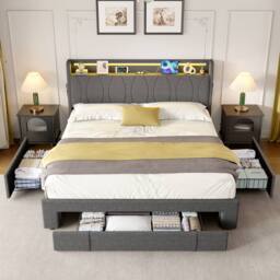 BTM Grey 4ft6 Double Upholstered Bed with Storage Drawers & LED Headboard - thumbnail 3