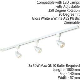 Loops 1m Adjustable Ceiling Track Spotlight Kit Gloss White 3x GU10 Downlight Rail - thumbnail 2