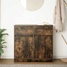 Berkfield Home Sideboard with Drawer Smoked Oak 80x34x76 cm Engineered Wood in Brown - Size: 80 x 34 x 76 cm - thumbnail 3