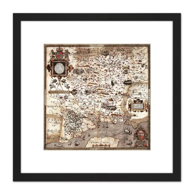 Artery8 Map 1575 Saxton Hampshire Southampton Wight Replica 8X8 Inch Square Wooden Framed Wall Art Print Picture with Mount in Black - image 1