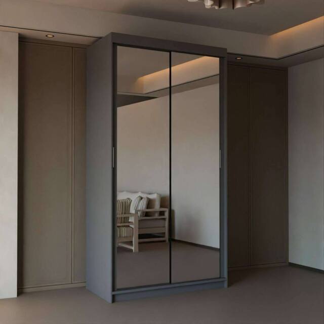 Sliding Wardrobes 4U Stylish Sliding Mirror Wardrobe with LED, Double Doors, 90cm in Grey - image 1