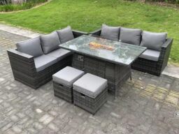 Fimous 8 Seater Outdoor Rattan Sofa Set Garden Furniture Gas Firepit Set Heater Dining Table Footstools Dark Grey - thumbnail 1