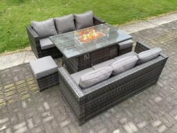 Fimous 8 Seater Outdoor Rattan Sofa Set Garden Furniture Gas Firepit Set Heater Dining Table Footstools Dark Grey - thumbnail 3