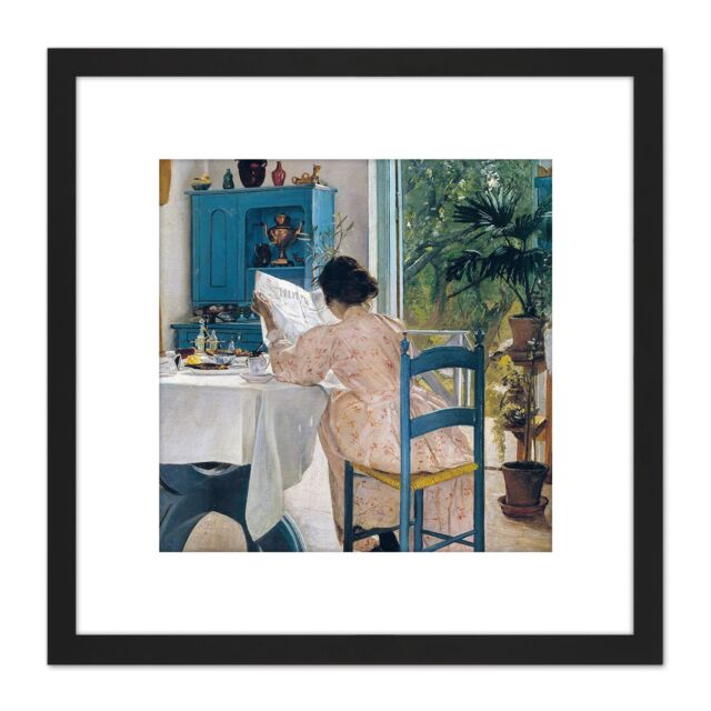 Artery8 Ring At Breakfast Table Morning Newspapers Painting 8X8 Inch Square Wooden Framed Wall Art Print Picture with Mount in Black - image 1