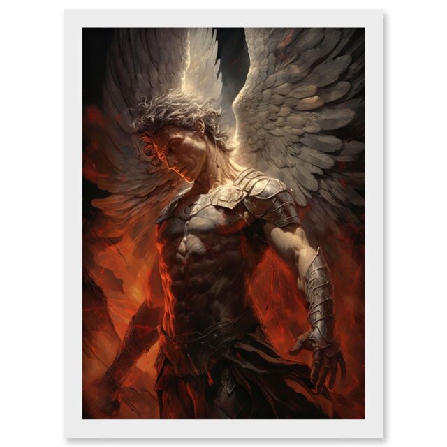 Artery8 Wall Art Print Archangel Michael Powerful Warrior Conceptual Artwork Champion of Justice Armour Angel Wings Artwork Framed A4 in White - image 1