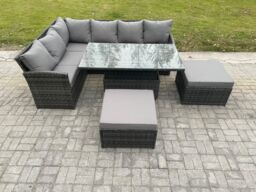 Fimous Outdoor Garden Furniture Set Wicker PE Rattan Height Adjustable Rising Lifting Table Sofa Dining Set with 2 Big Footstool in Dark Grey - thumbnail 1