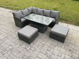 Fimous Outdoor Garden Furniture Set Wicker PE Rattan Height Adjustable Rising Lifting Table Sofa Dining Set with 2 Big Footstool in Dark Grey - thumbnail 2