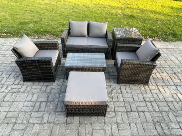 Fimous Outdoor Lounge Sofa Set Wicker Rattan Garden Furniture Set with Coffee Table Double Seat Sofa in Dark Grey