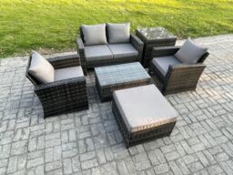 Fimous Outdoor Lounge Sofa Set Wicker Rattan Garden Furniture Set with Coffee Table Double Seat Sofa in Dark Grey - thumbnail 2