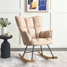 Wyld and Coco Beige Rocking Chair Biscuit Tufted Polyester Upholstery Wooden