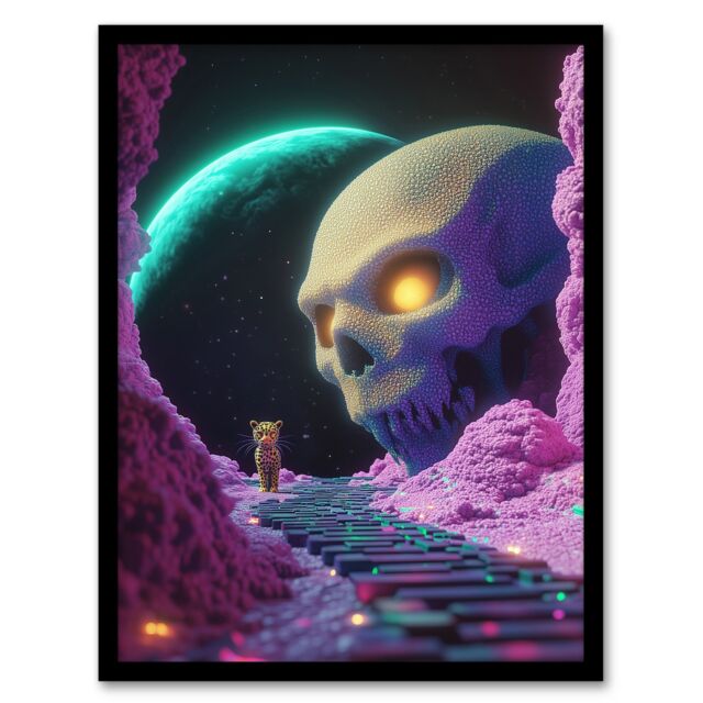 Artery8 Sci Fi Neon Fantasy Landscape Skull Leopard Moon Framed Art Print in Pink - Size: A4 - image 1