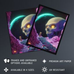 Artery8 Sci Fi Neon Fantasy Landscape Skull Leopard Moon Framed Art Print in Pink - Size: A4 - thumbnail 2