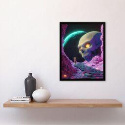 Artery8 Sci Fi Neon Fantasy Landscape Skull Leopard Moon Framed Art Print in Pink - Size: A4 - thumbnail 4