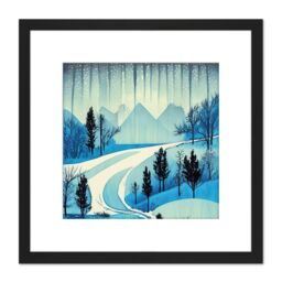Artery8 Northern Lights Aurora Mountain Pine Forest Winter Blue River Rocks Watercolour Square Wooden Framed Wall Art Print Picture 8X8 Inch in Black - thumbnail 1