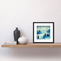Artery8 Northern Lights Aurora Mountain Pine Forest Winter Blue River Rocks Watercolour Square Wooden Framed Wall Art Print Picture 8X8 Inch in Black - thumbnail 2