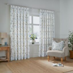 Wylder Meadow 100% Cotton Floral Pencil Pleat Curtain Pair in White - Size: 168 cm width x 183 cm drop - thumbnail 1