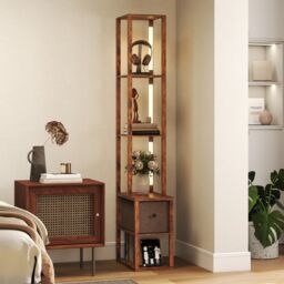 HOMCOM Floor Lamp with Shelves, LED Standing Lamp with Fabric Drawer in Brown