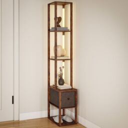 HOMCOM Floor Lamp with Shelves, LED Standing Lamp with Fabric Drawer in Brown - thumbnail 2