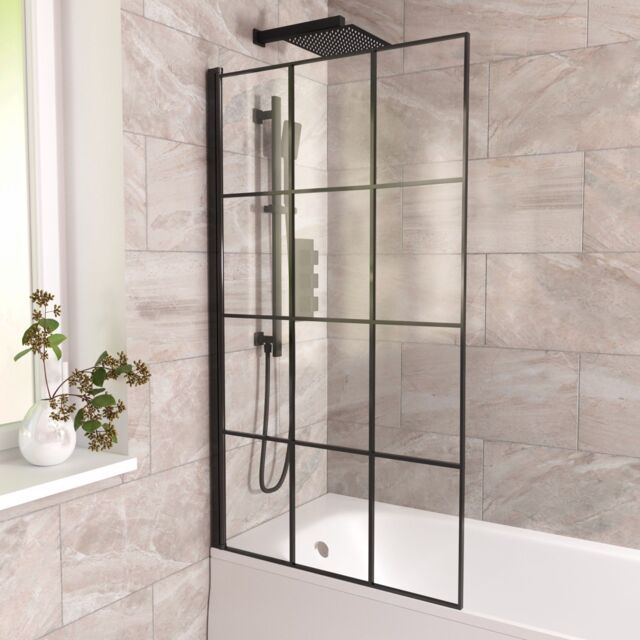 Nes Home 800mm Square Bath Screen Black Profile With Grid Glass Reversible - image 1