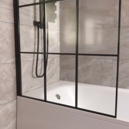 Nes Home 800mm Square Bath Screen Black Profile With Grid Glass Reversible - thumbnail 3