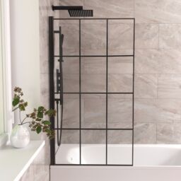 Nes Home 800mm Square Bath Screen Black Profile With Grid Glass Reversible - thumbnail 2