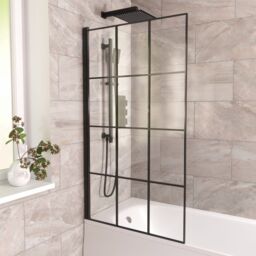 Nes Home 800mm Square Bath Screen Black Profile With Grid Glass Reversible - thumbnail 1