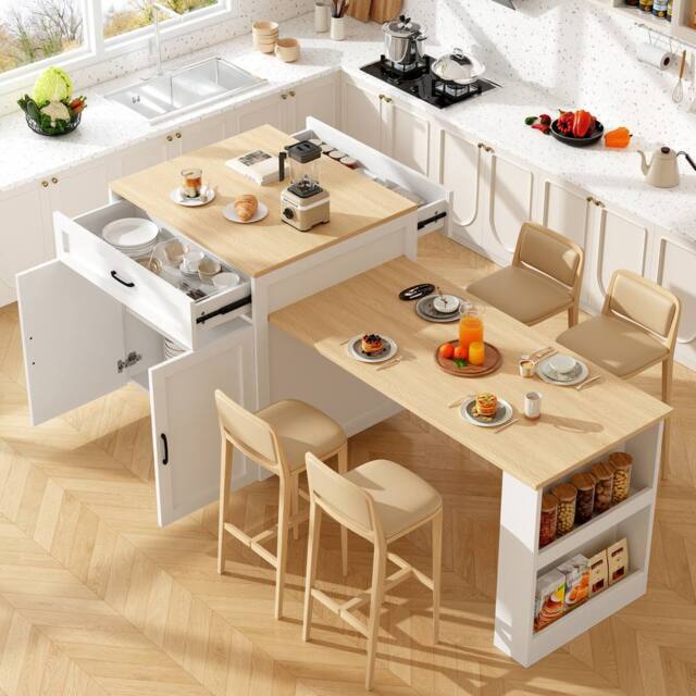 Rolipo Extendable Bar Table Kitchen Island with Storage White 133-202cm - image 1