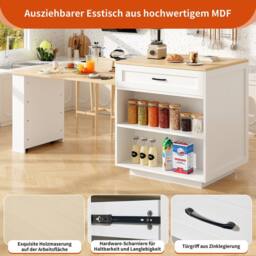 Rolipo Extendable Bar Table Kitchen Island with Storage White 133-202cm - thumbnail 3