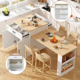 Rolipo Extendable Bar Table Kitchen Island with Storage White 133-202cm - thumbnail 4