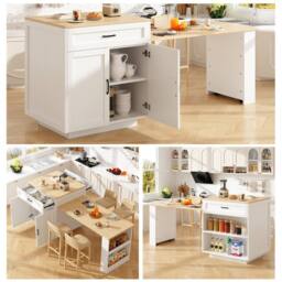 Rolipo Extendable Bar Table Kitchen Island with Storage White 133-202cm - thumbnail 5