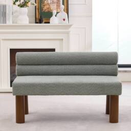 Matteo Upholstered Boucle Accent Bench with Rolled Backrest & Solid Wood Legs in Green