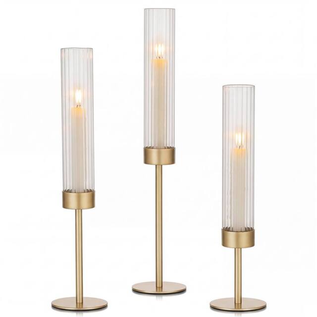 Levede Candle Holder Gold Metal Glass Tube Candlestick Holders Set of 3 Decor - image 1