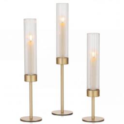 Levede Candle Holder Gold Metal Glass Tube Candlestick Holders Set of 3 Decor - thumbnail 1