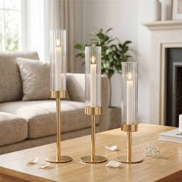 Levede Candle Holder Gold Metal Glass Tube Candlestick Holders Set of 3 Decor - thumbnail 3