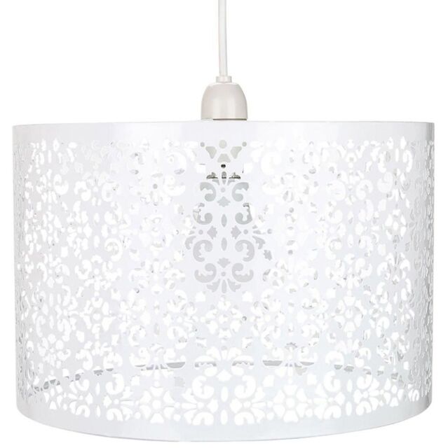 Happy Homewares Marrakech Designed Metal Pendant Light Shade with Floral Decoration in White - Size: 12 inches - image 1