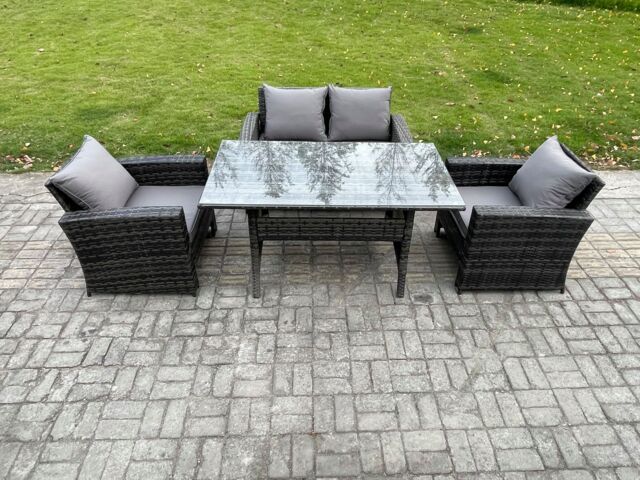 Fimous Wicker Outdoor Garden Furniture Set Patio Furniture Rattan Rectangular Dining Table Lounge Sofa in Dark Grey