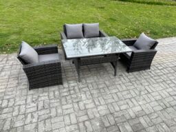 Fimous Wicker Outdoor Garden Furniture Set Patio Furniture Rattan Rectangular Dining Table Lounge Sofa in Dark Grey - thumbnail 2