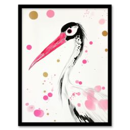 Artery8 Oriental Stork Pink Gold Black Bird Painting Framed Art Print - Size: A4 - thumbnail 1