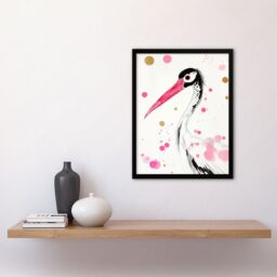 Artery8 Oriental Stork Pink Gold Black Bird Painting Framed Art Print - Size: A4 - thumbnail 4