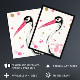 Artery8 Oriental Stork Pink Gold Black Bird Painting Framed Art Print - Size: A4 - thumbnail 2