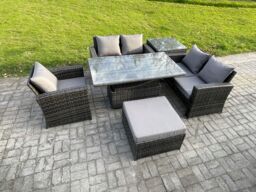 Fimous 6pcs Rattan Outdoor Garden Furniture Set Height Adjustable Rising Lifting Table Sofa Dining Set with Big Footstool Side Table Dark Grey Mixed - thumbnail 2
