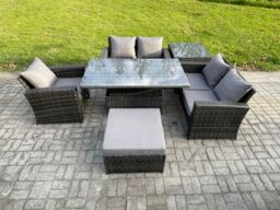 Fimous 6pcs Rattan Outdoor Garden Furniture Set Height Adjustable Rising Lifting Table Sofa Dining Set with Big Footstool Side Table Dark Grey Mixed - thumbnail 1